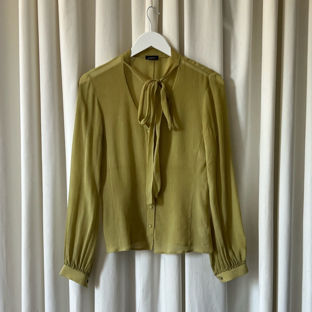 AKRIS Green Silk Pussybow Shirt 4